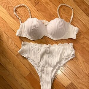 SHEIN White Ribbed Bikini Set with Pearl Straps